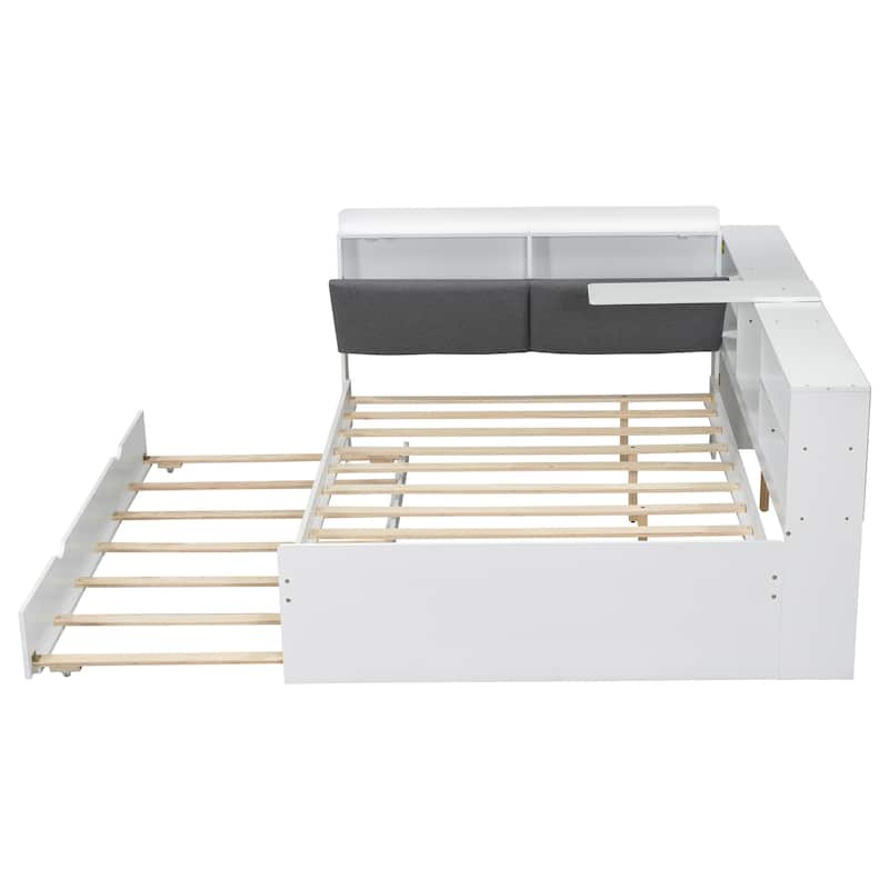 Wood Full Size Platform Bed with Trundle Storage Headboard and Shelves in Pine Wood