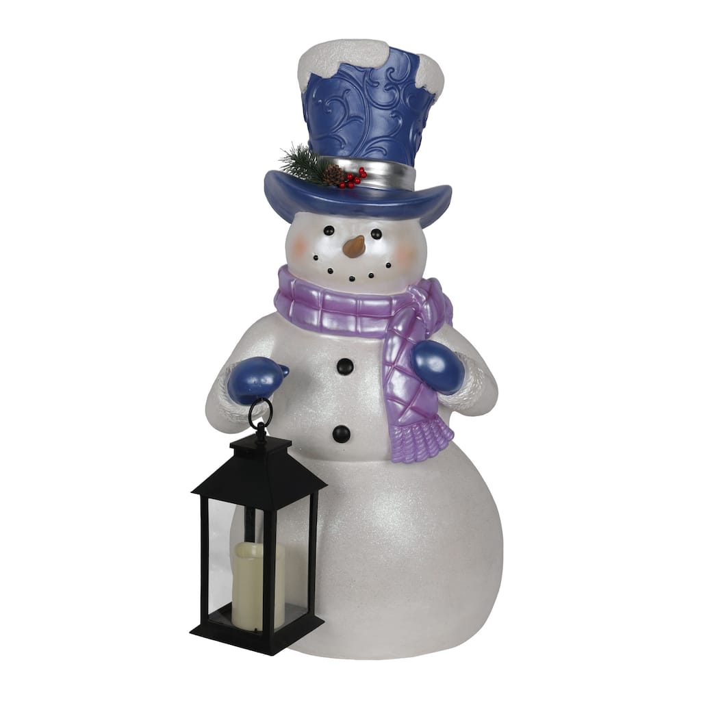 Lavender Winter Snowman Holding Lantern Statue w/Flash LED-LG - 36" H