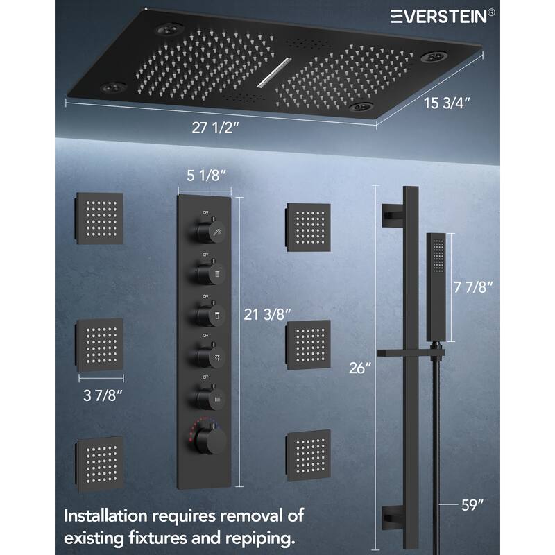 Thermostatic Shower System, 64-Color LED Mood Lighting 3-Functions Shower Head with Bluetooth Music & 6 Body Jets