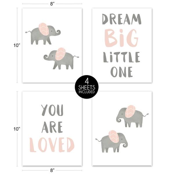 Sweet Jojo Designs Blush Pink Grey Watercolor Elephant Safari Collection Wall Decor Art Prints (Set of 4) - Dream Big