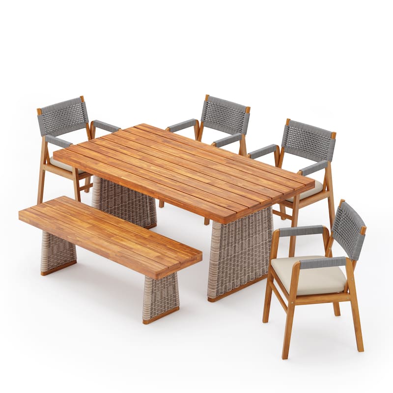 Christopher Knight Home - Tyler Outdoor Acacia Wood Dining Set with Rope Armchairs, Cushions, and Matching Bench