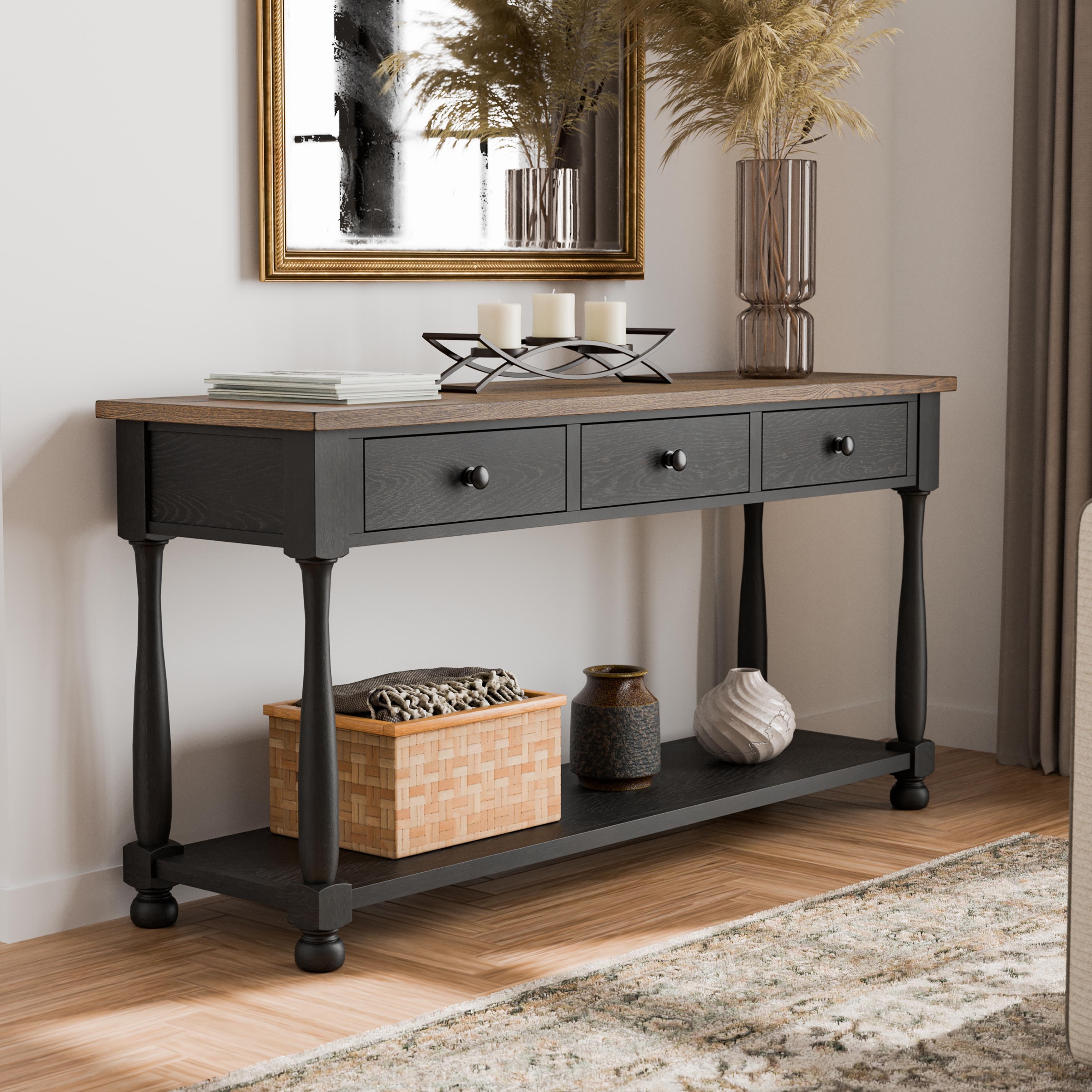 Furniture of America Lucan Modern Farmhouse Weathered Black and Brown Wood 3-Drawer Sofa Table with Open Shelf
