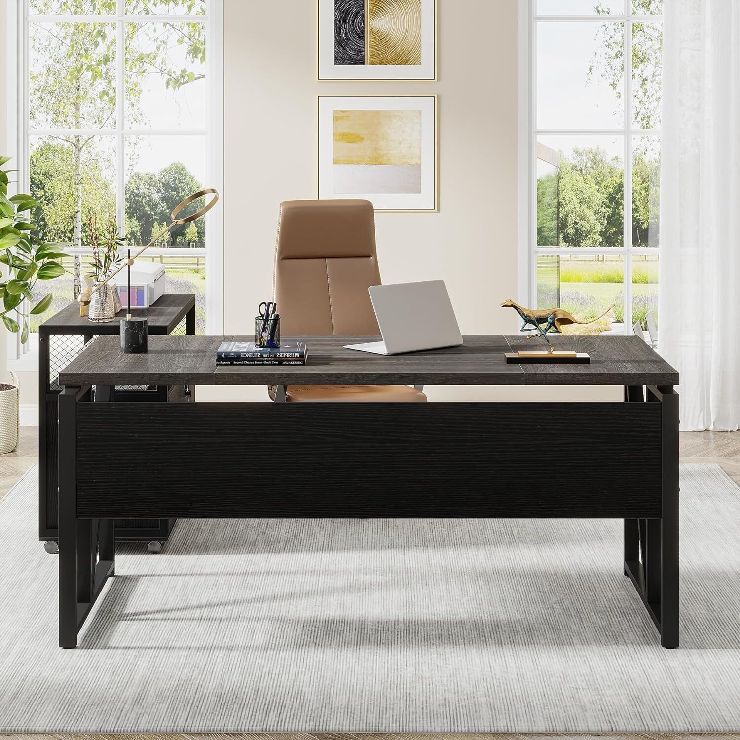 63-inche L Shaped Desk with Lateral Cabient, 2 piece Home Office