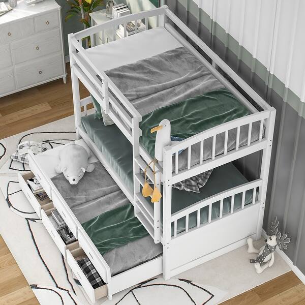 slide 2 of 32, Twin over Twin Wood White Bunk Bed with Trundle and Drawers White