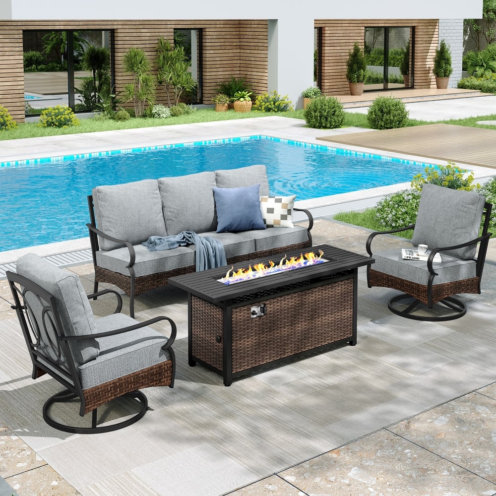 MAISON ARTS Patio Furniture Set with 56" Fire Pit Table, Deep Seating Sofa & Swivel, Rocking, and Fixed Chairs (5 Seats, Beige)