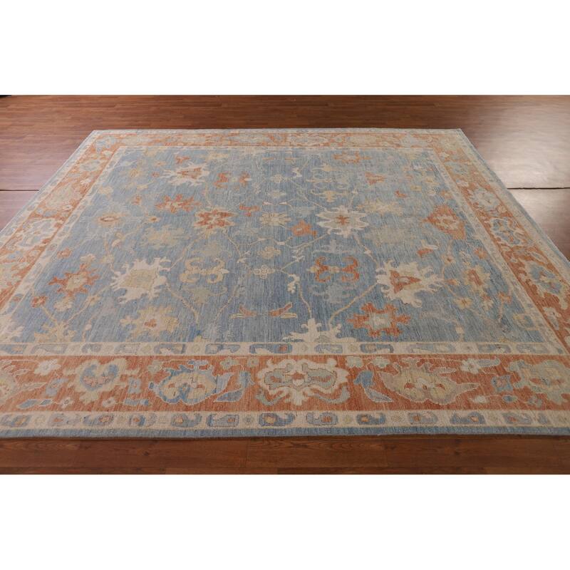 Floral Oushak Vegetable Dye Area Rug Handmade Blue Wool Carpet - 8'0" x 9'11"