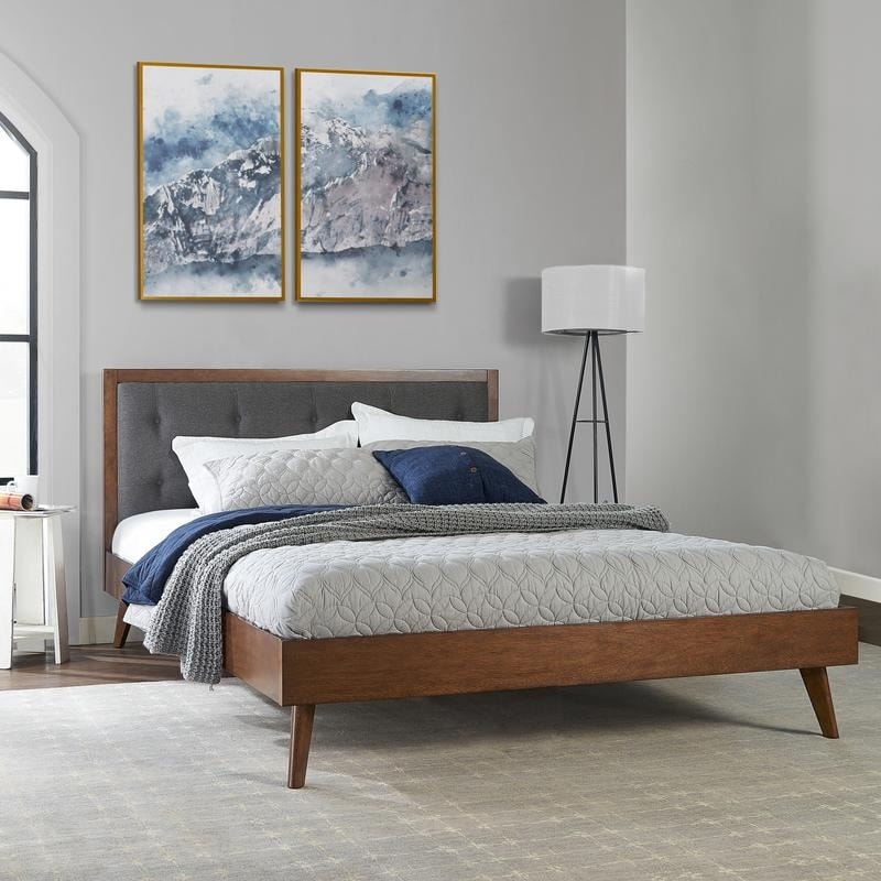 Linon Upholstered Mid-century Modern Platform Bed with Upholstered Headboard