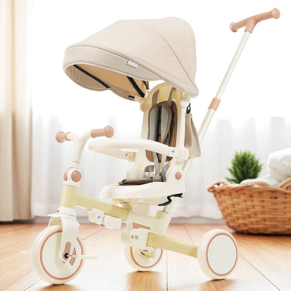 7-in-1 Baby Tricycle for Toddlers Ages 1-6, Foldable Push Trike with Parent Handle, Canopy, Guardrail & Pedals