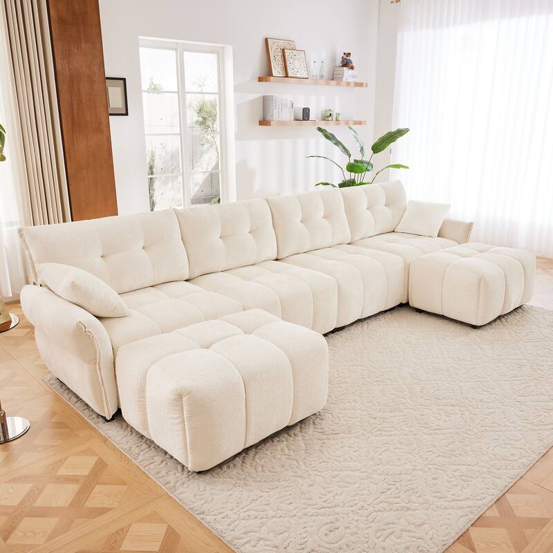 4-Seater U-Shaped Modular Sofa with 2 Ottomans & Pillows - White