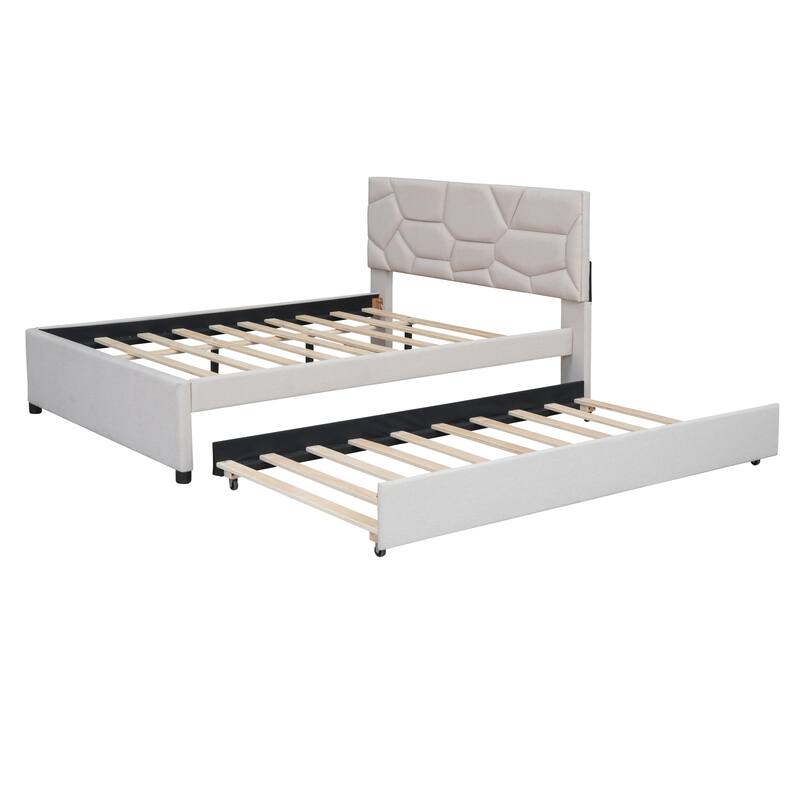 Full Size Upholstered Platform Bed with Brick Pattern Headboard and Twin Trundle, Linen Fabric, Beige