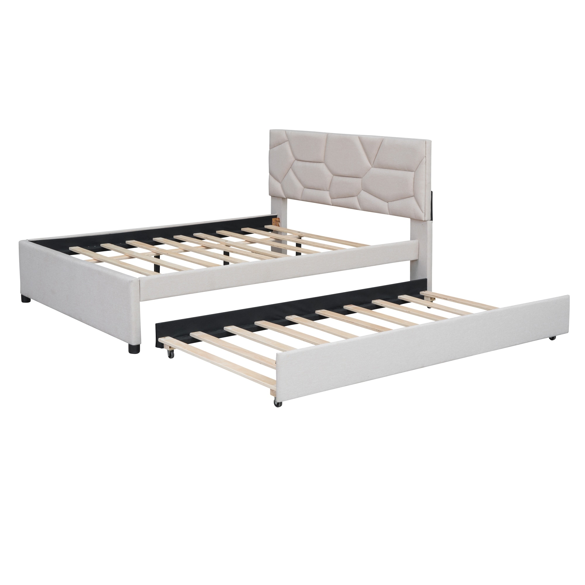 Upholstered Platform Bed with Trundle and Wheel, Brick Pattern Headboard, Linen Fabric Tufted Bed Frame with Wood Slats Support