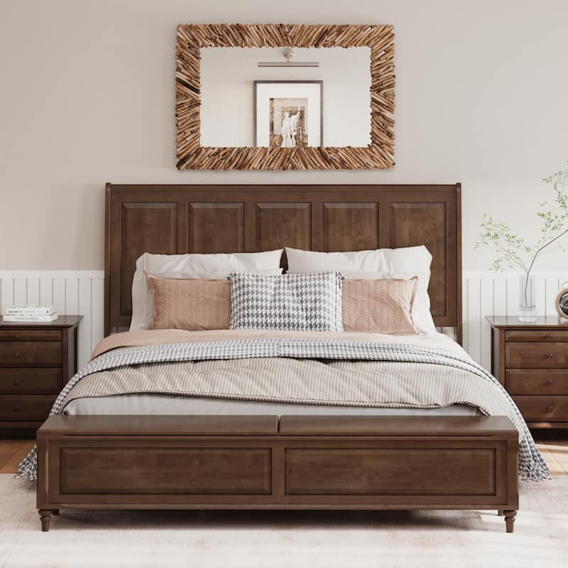 GDFStudio - Traditional Solid Wood Sleigh Bed Frame with High Paneled Headboard & Storage Chest Bench, No Box Spring Needed - Walnut Brown - King