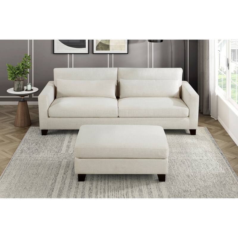 Ivory Fabric Upholstered Ottoman Cushion Seat Modern Living Room Furniture 1pc Solid Wood Legs
