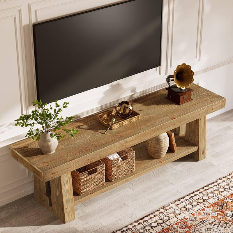 63" Solid Wood TV Stand with Open Storage Shelves, Entertainment Center Television Console for 75-Inch TVs Living Room Bedroom