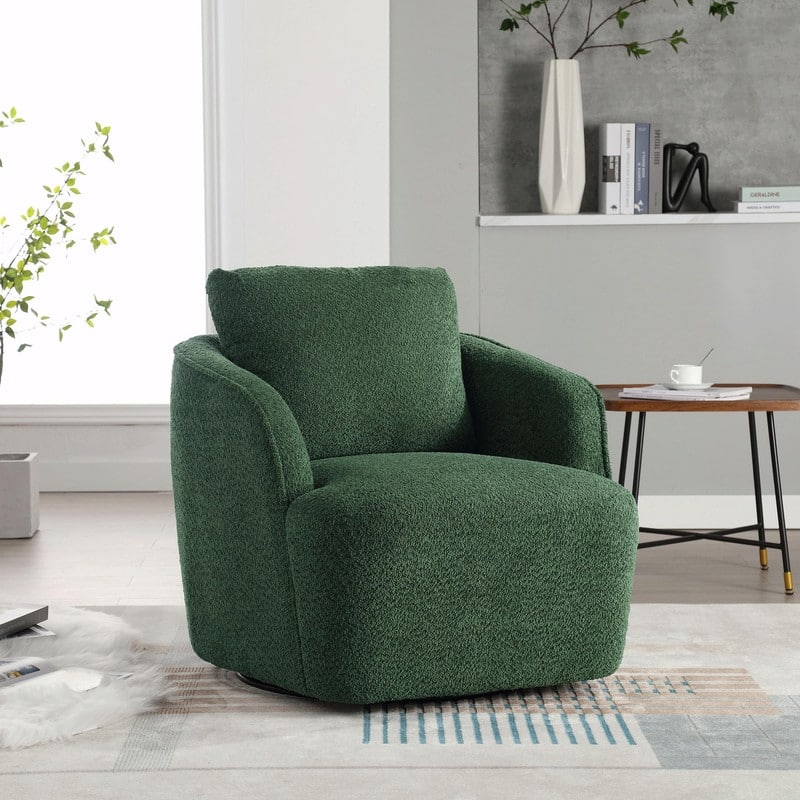 30.3" Bouclé Upholstered Swivel Accent Chair, 360° Round Barrel Club Chair Lounge Armchair - Green