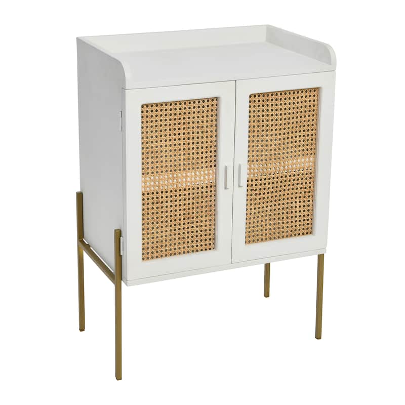 Solid Wood Bar Cabinet with Metal Legs and Woven Cane Doors
