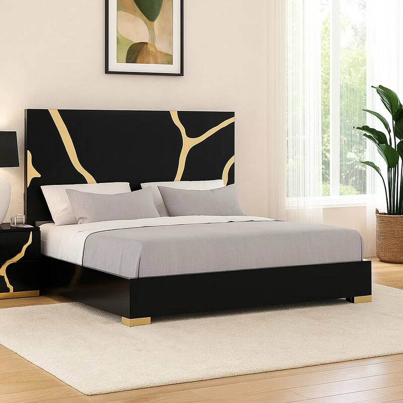 Goldie Queen Size Bed, Gold and Black Contemporary Bed, Solid Wood