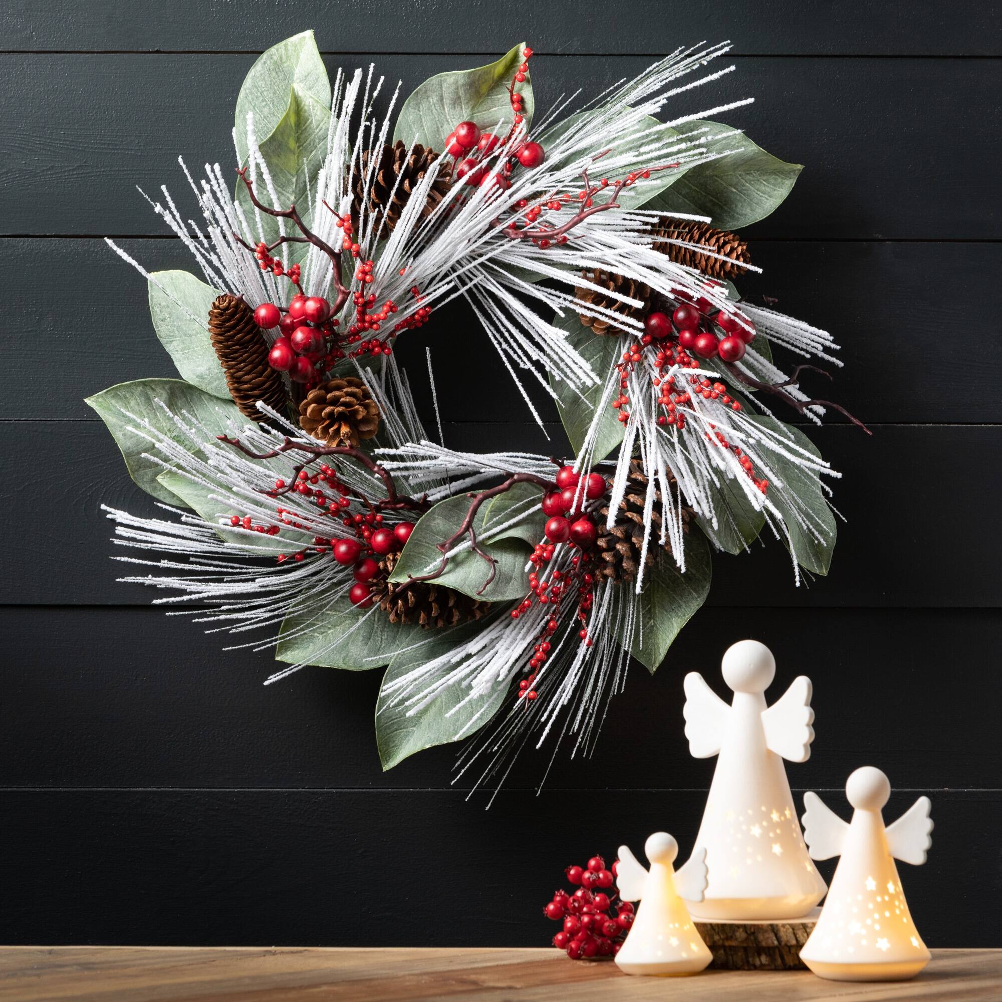 Sullivans Artificial Snowy Long Pine & Berry Christmas Wreath, Green ...