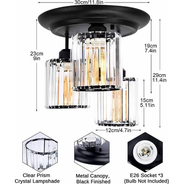3 light crystal semi flush mount ceiling light black industrial crystal ...