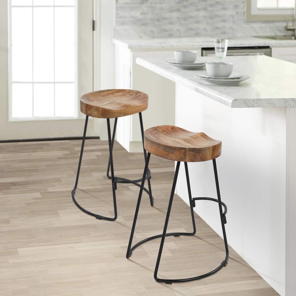Ela 24 Inch Mango Wood Industrial Counter Height Stool, Saddle Seat, Iron, Set of 2, Brown, Black