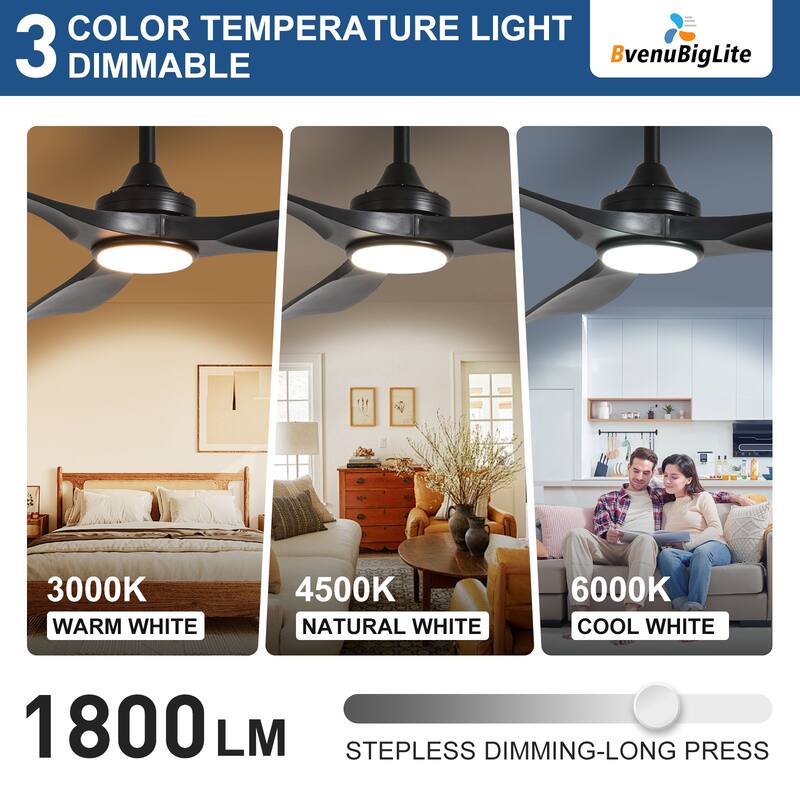 52 in. Indoor/Outdoor Dimmable Ceiling Fan With Light for Patios, Modern Noiseless Ceiling Fan with Remote APP Control