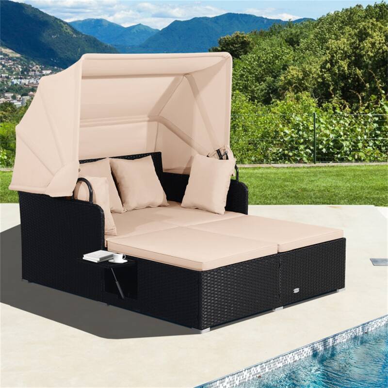 Rattan Daybed Lounge with Retractable Canopy and Side Tables - 65" x 60.5 x 58.5" - Beige