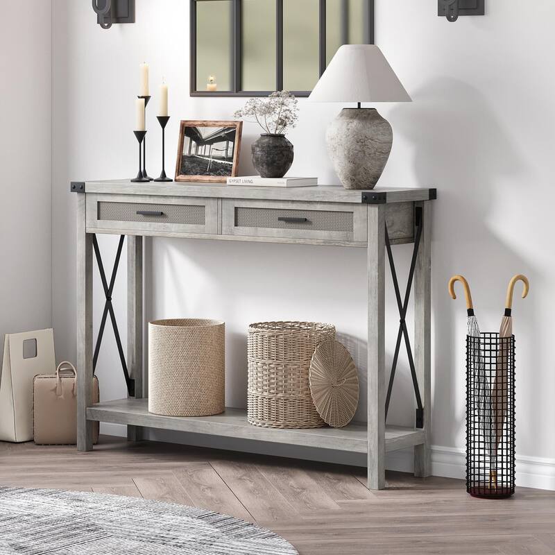 Farmhouse Sofa Table - Console Table with Rattan Drawers - Grey