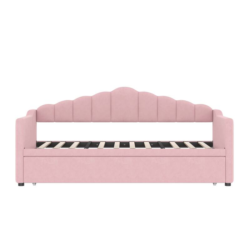 Upholstered Twin Size Daybed with Adjustable Height Pop Up Trundle Twin Bed and USB & Type-C Charging Port, Day Bed Frame