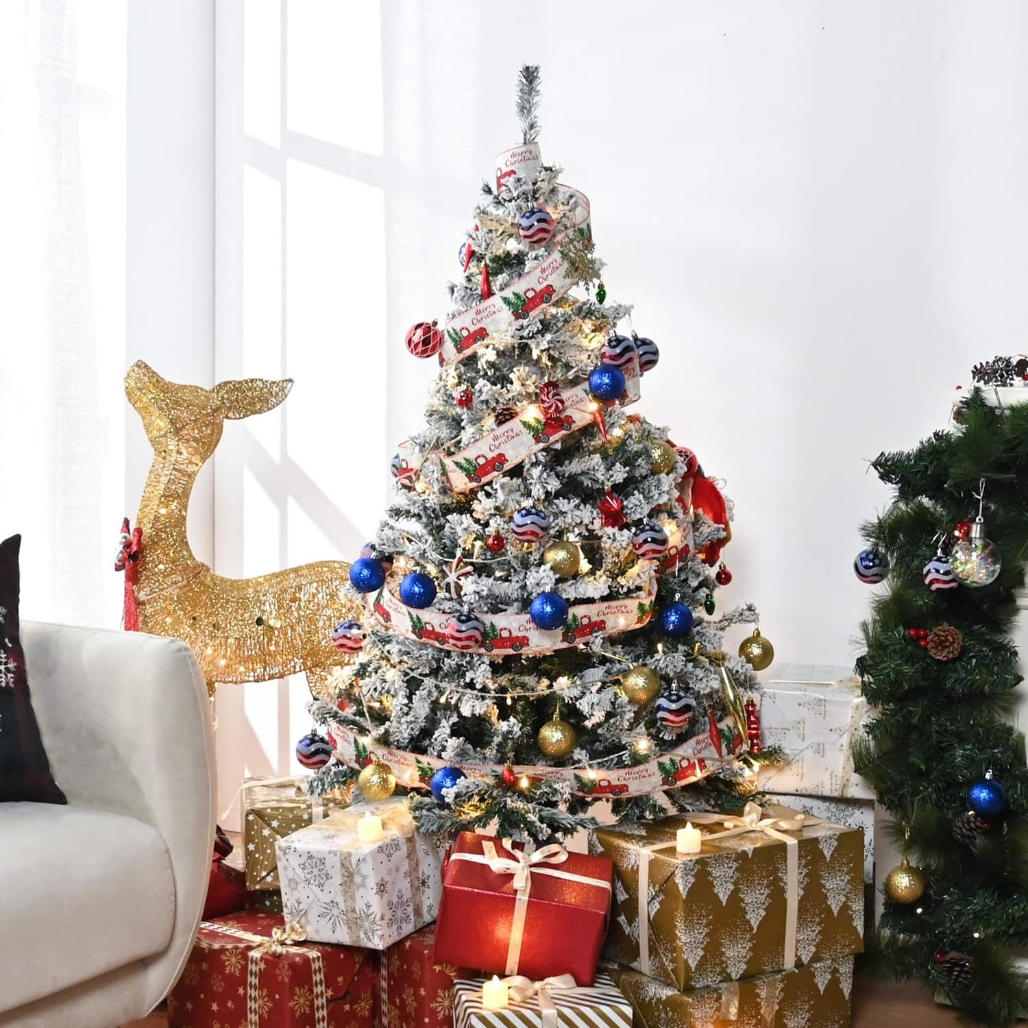 5 Ft Artificial Christmas Tree Features Beautiful Flocking Snow - Bed ...
