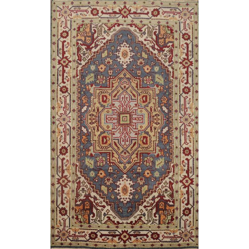Hand Knotted Oriental 100% Wool Carpet Traditional Medallion Greys & Charcoal Heriz (serapi) Area Rug - 6' 2'' X 4' 1''