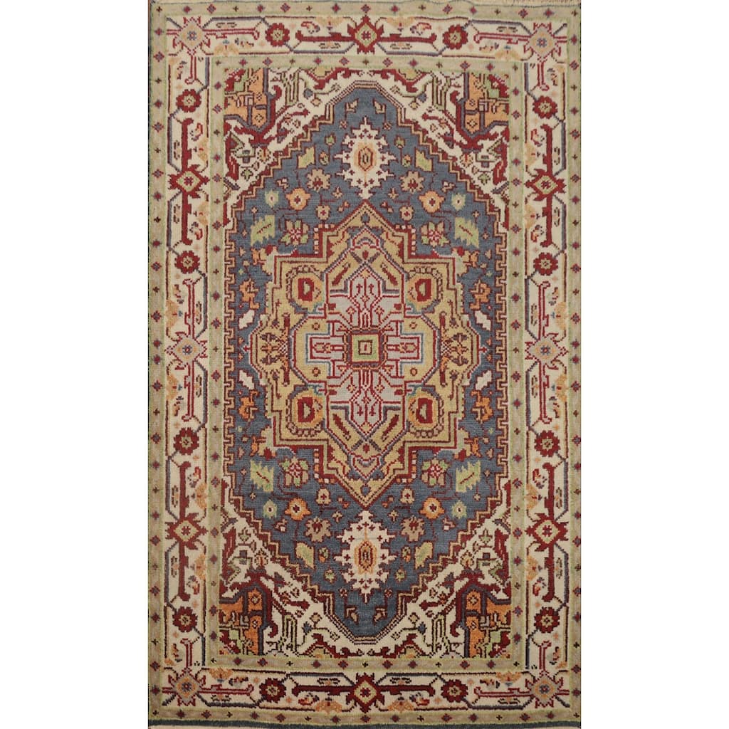 Hand Knotted Oriental 100% Wool Carpet Traditional Medallion Greys & Charcoal Heriz (serapi) Area Rug - 6' 2'' X 4' 1''