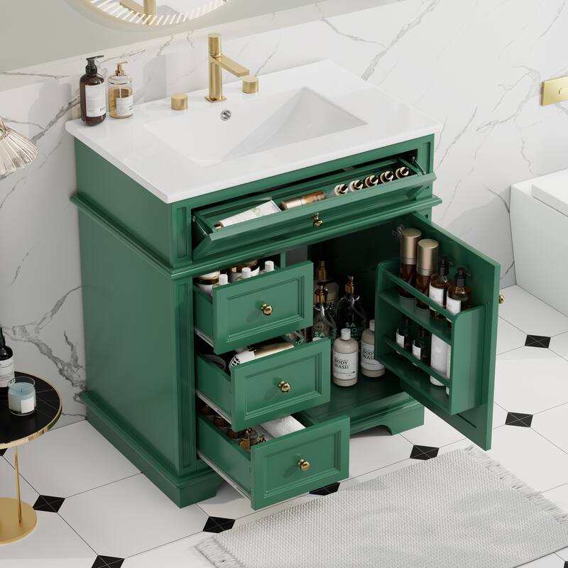 30" Bathroom Vanity With Sink, One Tip-Out Drawer, Three Drawers, Door Shelf, Soft Closing Door - Green