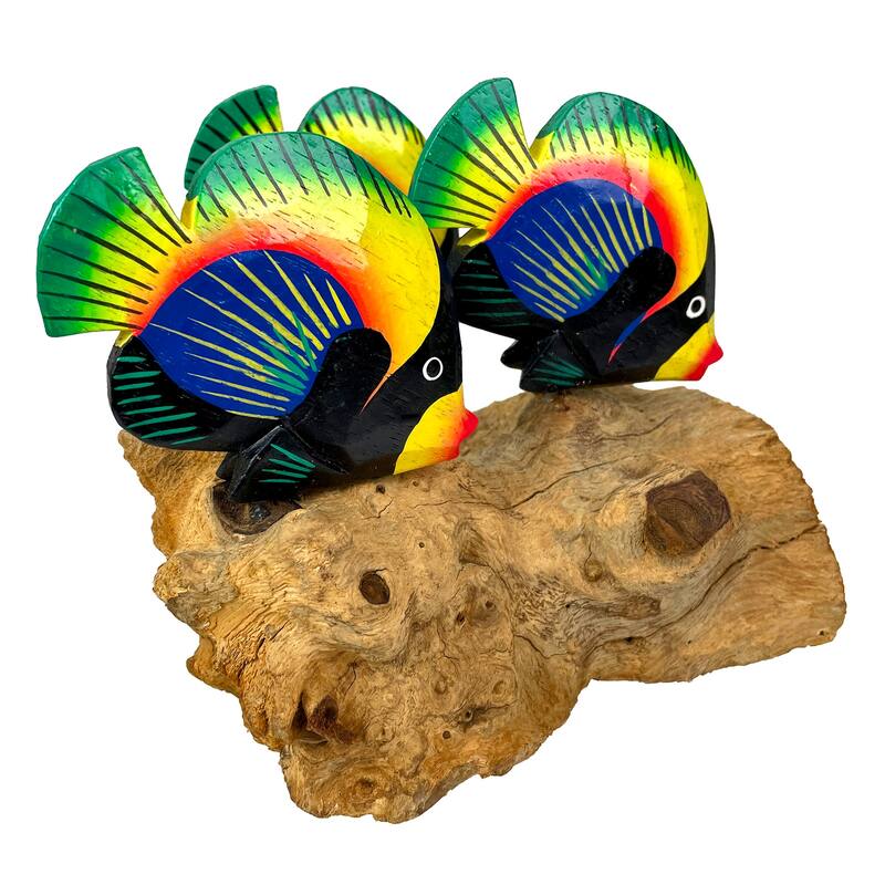 Handcrafted Driftwood & 3 Tropical Fish Sculpture Coastal Nautical - 6 X 7.5 X 7 inches