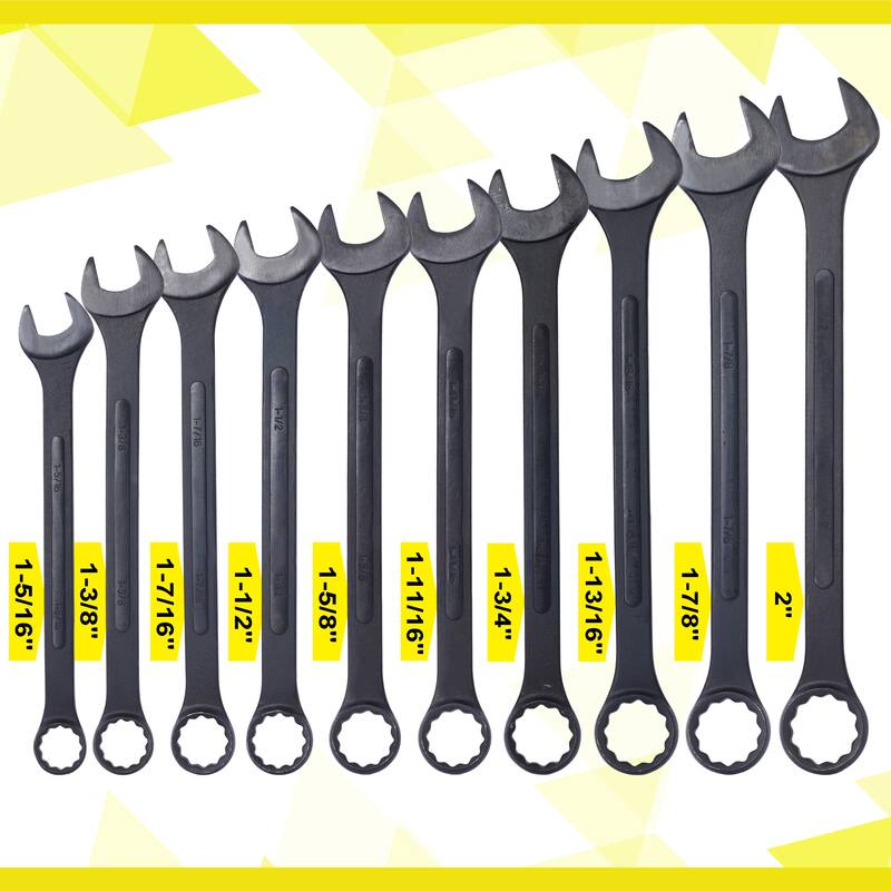 Jumbo Combination Wrench Set Extra Large,10 PC SAE Black-Oxide Jumbo Combo Wrench Set 1-5/16" - 2" with pouch