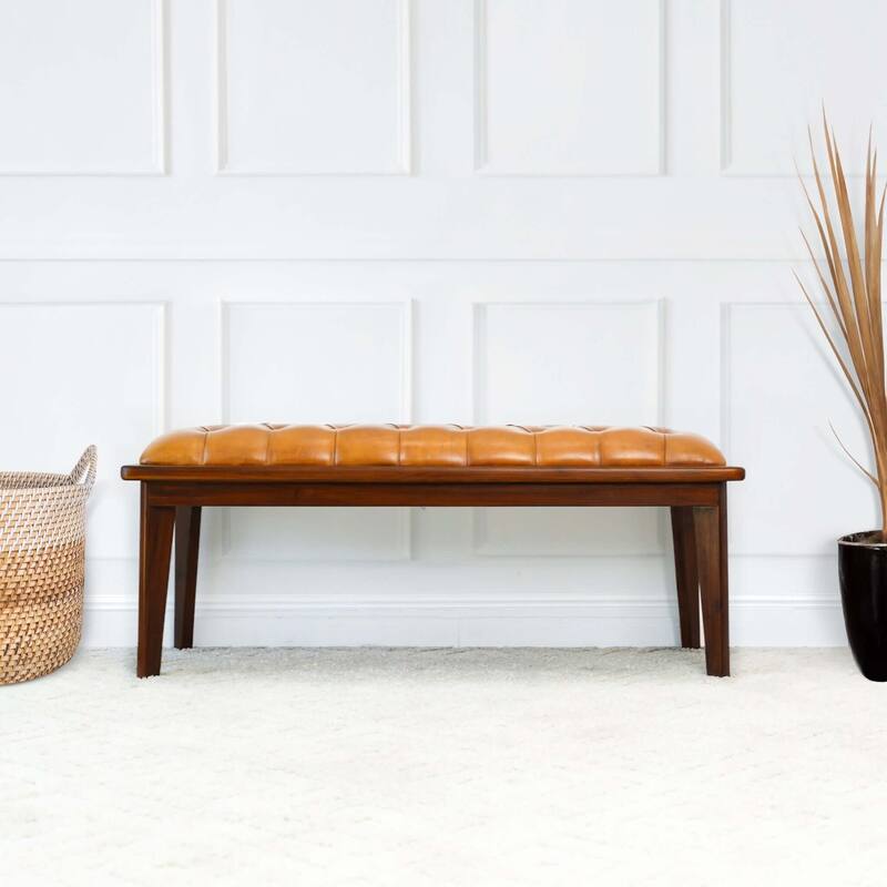 GDFStudio - Arden Modern Genuine Leather Bench with Button Seat & Solid Wood Legs - 49.61"W