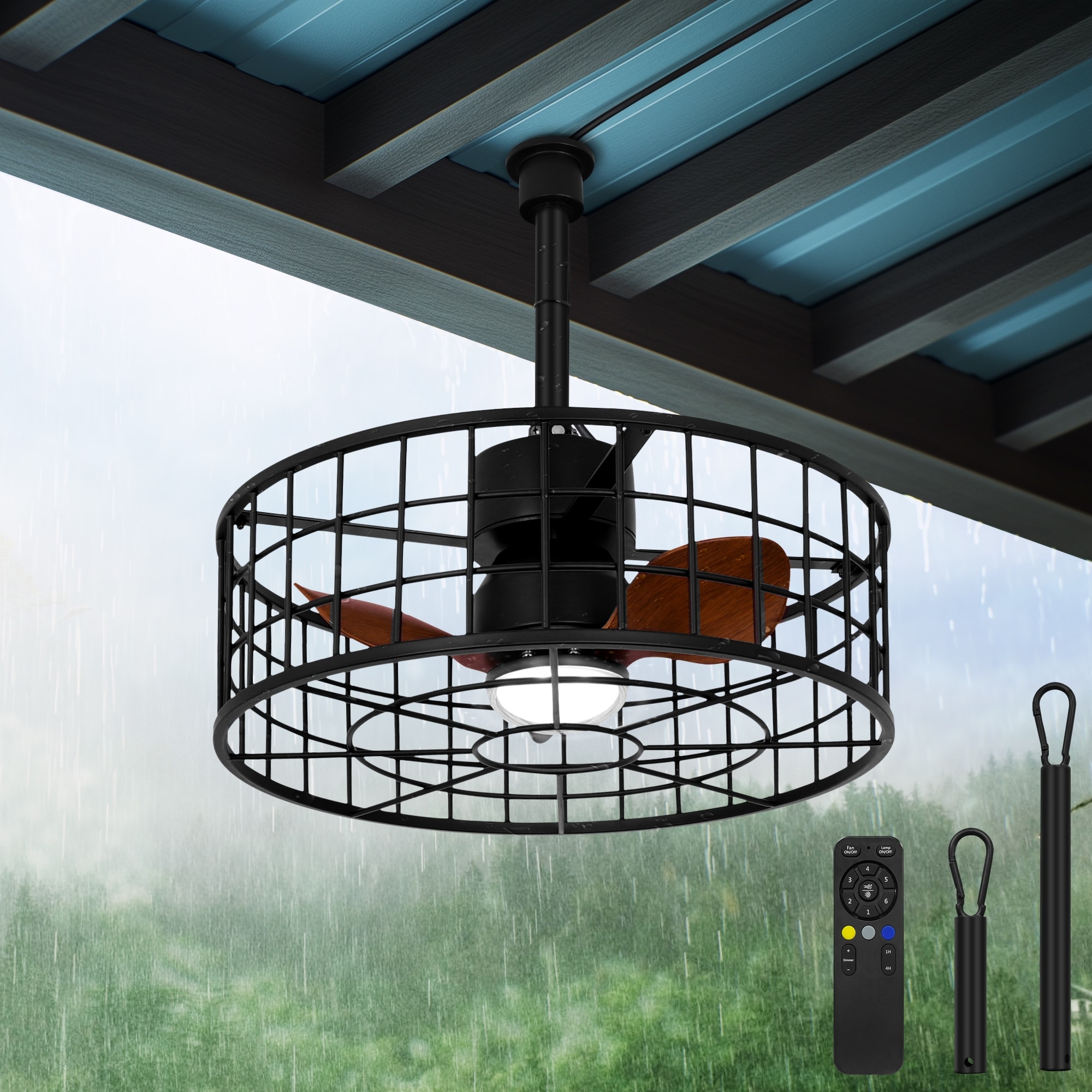 20 in. Waterproof Outdoor Black Ceiling Fan with Lights with Remote Control, Dimmable Wet Rated Gazebo Fan for Gazebo