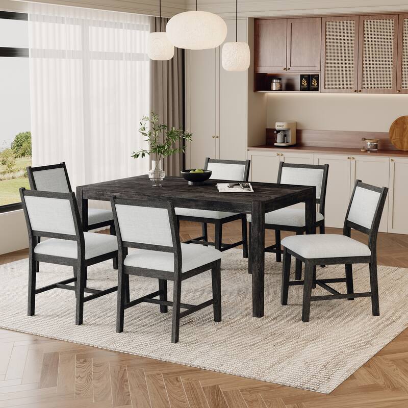 7-Piece Retro Dining Table Set for 6 with Upholstered Chairs by Harper&Bright Designs - Espresso
