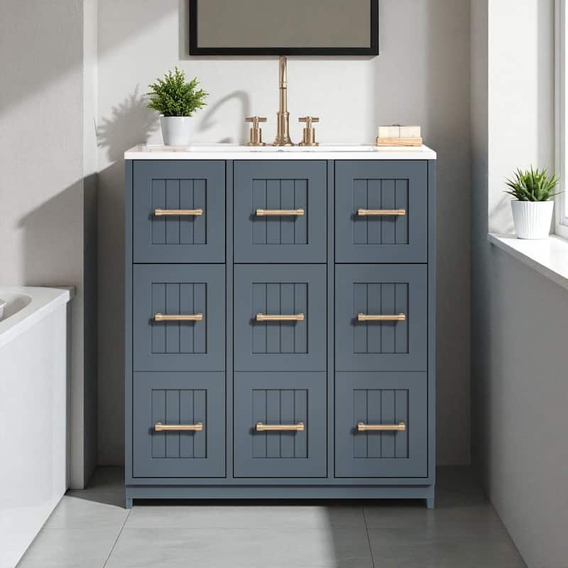 30-Inch Bathroom Vanity with Undermount Sink, Solid Wood Frame Cabinet with Tip-Out Drawer and Soft-Close Doors - Blue