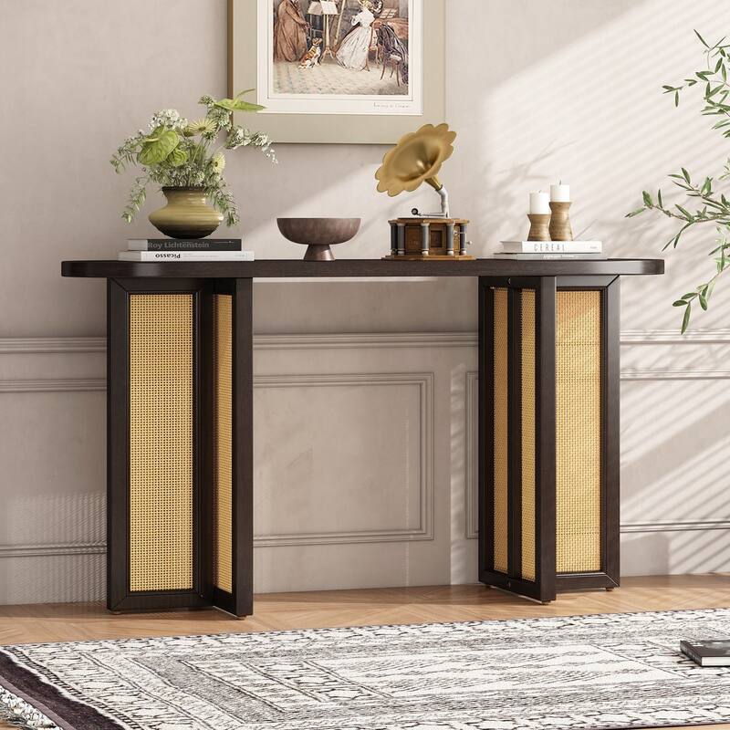 Rattan Console Table Entryway Table, Narrow Console Table with Storage, Hallway Table for Living Room, Entrance