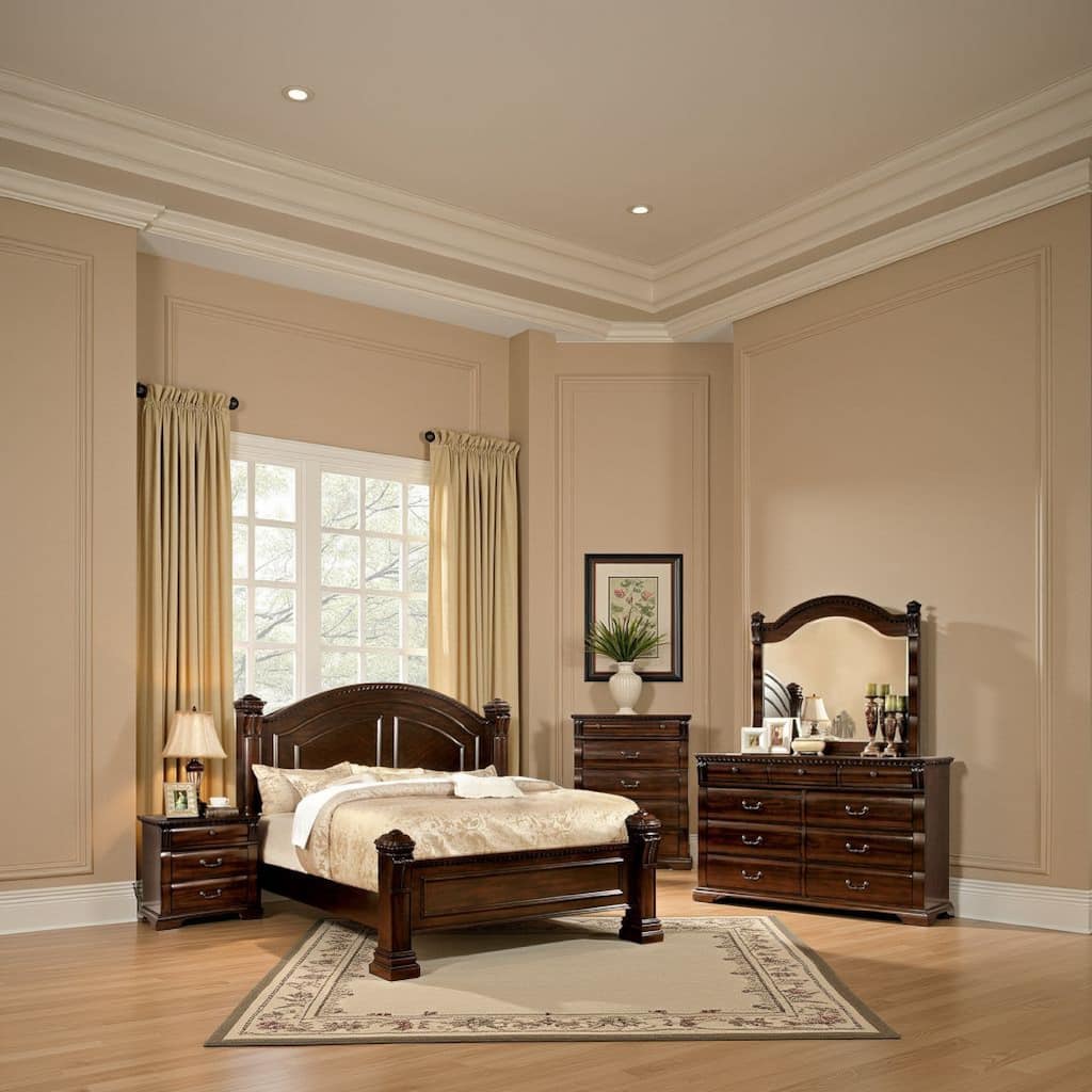 Cam 4 Pc Queen Poster Bedroom Set, Carved Accents and Cherry Brown