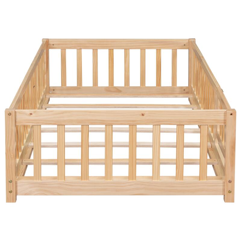 Pine Wood Floor Platform Bed with Fence and Door
