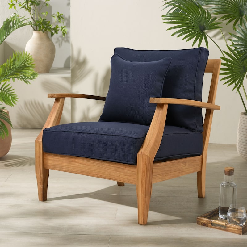 SAFAVIEH Couture Freida Wood Patio Arm Chair - 31.4" W x 35.6" L x 32.6" H - 31"W x 36"D x 33"H - Natural Teak/Navy