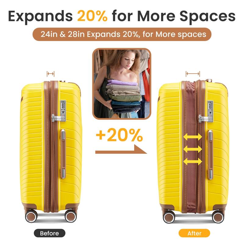 14/20/24/28 4-Piece, Modern Expandable Luggage Sets with 360 Mute Spinner Wheels and TSA Lock, for Boarding Travel, Yellow