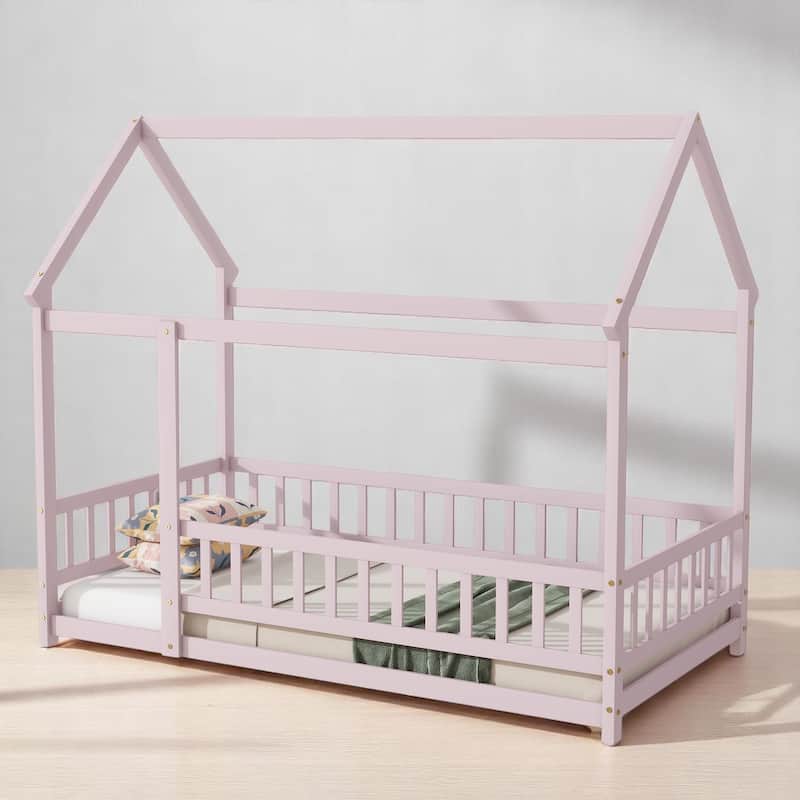 Twin / Full Size Wooden House Bed with Fence and Roof bed Frame, Montessori Style Floor Bed for Kids
