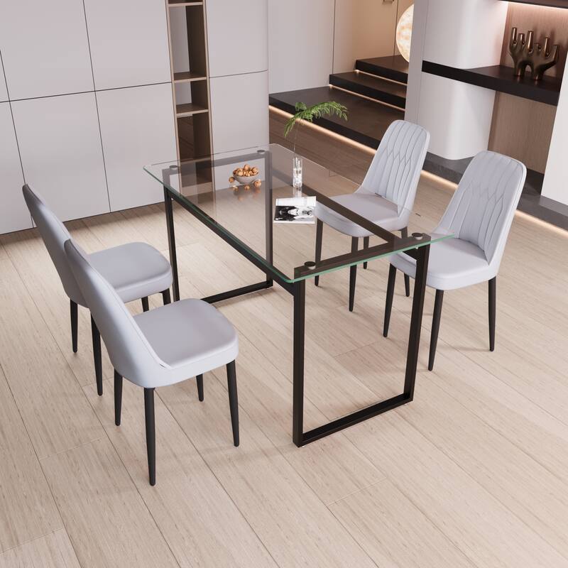 Modern Dining Set with Rectangular Glass Table & PU Upholstered Chairs