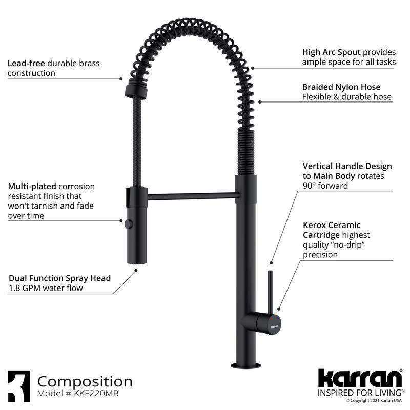 Karran All in One Apron Front Quartz 34 in. Double Bowl 50/50 Kitchen Sink in White with Faucet KKF220 in Matte Black