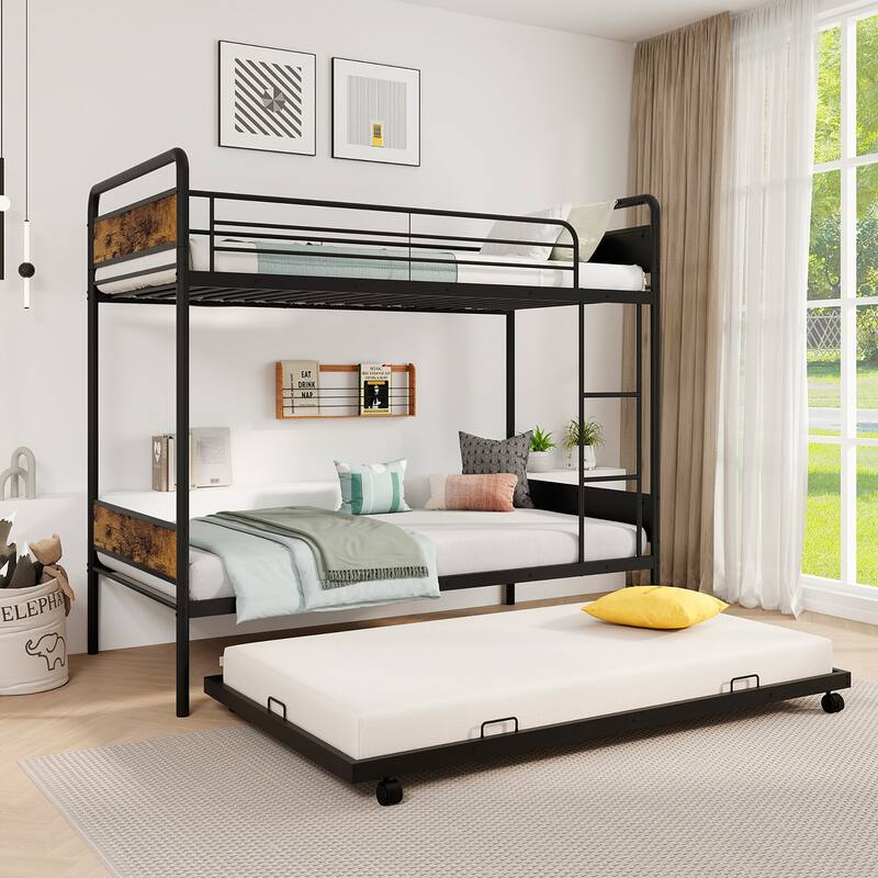 Gymax Twin Over Twin Bunk Bed w/ Trundle Industrial Metal Bunkbed