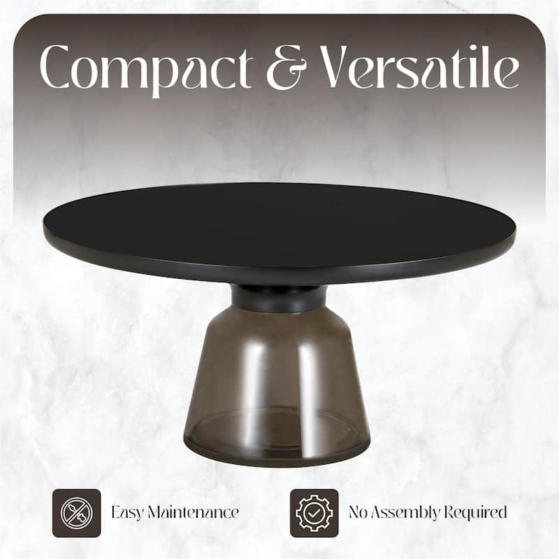 30-Inch Round Coffee Table Glass/Stone Tabletop with Black Iron Rim Frame Glass Pedestal Base