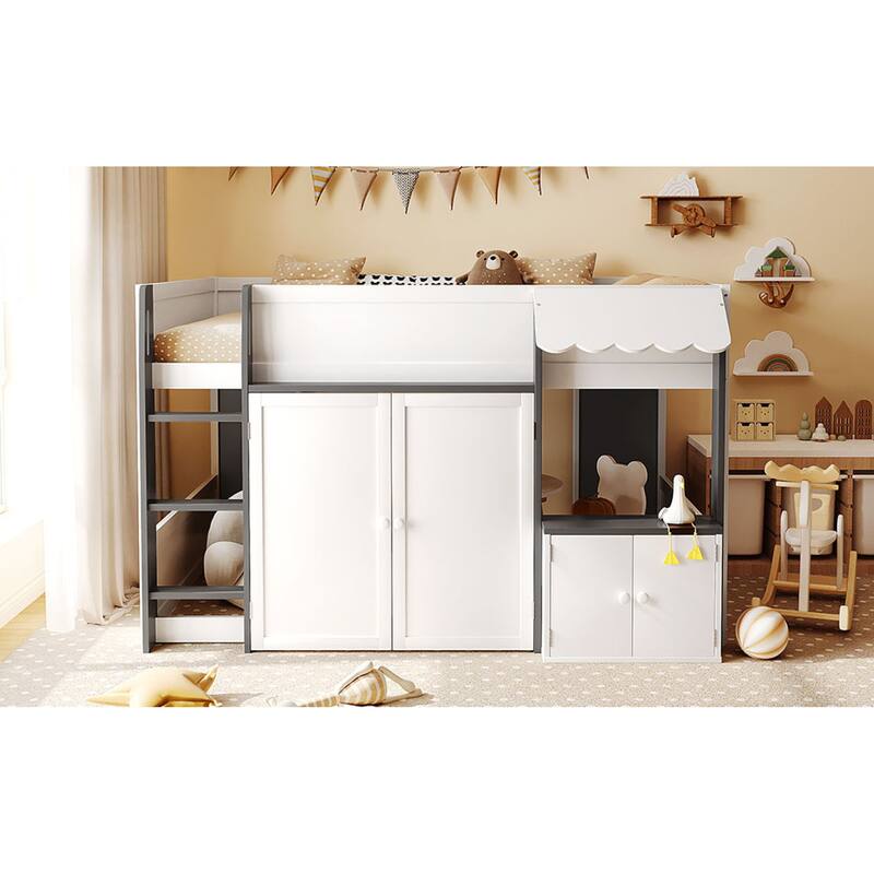Roomfitters Full Loft House Bed with Playhouse and Storage Cabinets, Modern Wood Cabin Sleeper