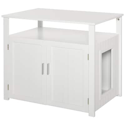 PawHut Wooden Cat Litter Box Enclosure Furniture with Adjustable Partition, Cat Washroom End Table with Open Shelf, White